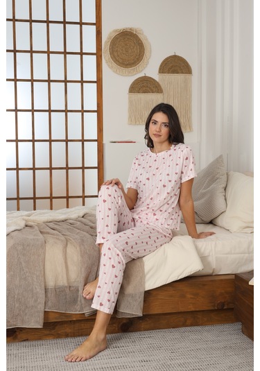 Kadın Yazlık Kısa Kol Penye Süprem Kumaş Pijama Takımı Pembe Kalpli