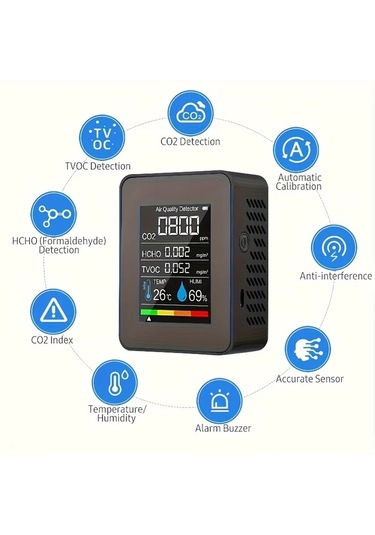 Xuweiwei Beyaz 1 Bilgisayar 5i 1 Arada Hava Kalitesi Monitörü Co2 Co Pm2 5 Pm10 Hcho Tvoc Lcd Ekranli Gaz Dedektörü Co2 Sensör Cihazı