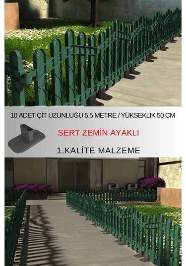 Dekoratif Plastik Alan Oluşturma Ve Bahçe Çiti 10 Adet Çit Y: 50 Cm / G: 5.5 M Sert Zemin Ayaklı - Yeşil