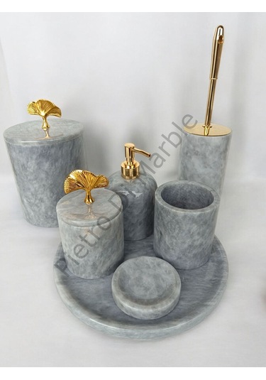 Gri Mermer Klasik Model 7 Parça Gold Renk Japon Gülü Aksesuarlı Banyo Seti Gri