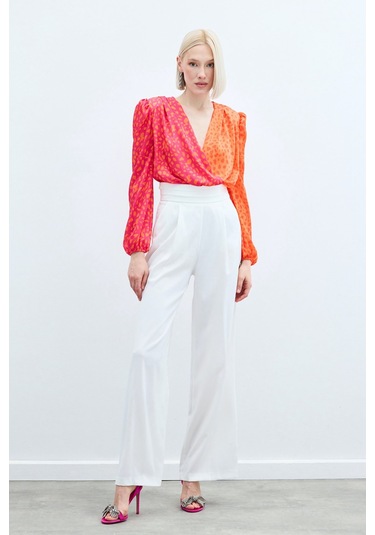 Sateen Kruvaze Desenli Bodysuit - Oranj-Fuşya Fuşya - Turuncu