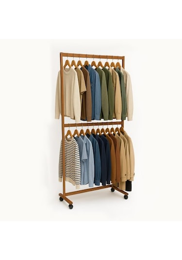 Ayaklı Askı Ahşap Elbise Askısı 2 Katlı Askılık 5870