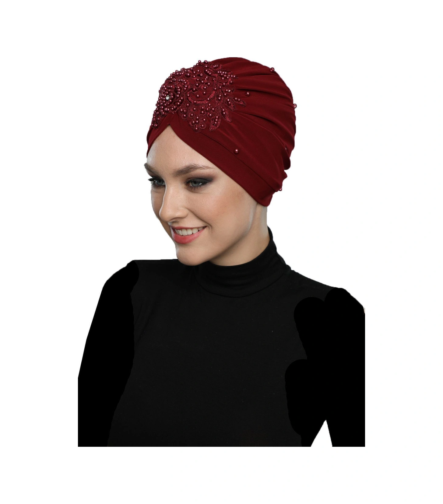 Kopma Astarlı İşlemeli Bordo Gül Dantel Motifli Hazır Türban Tesettür Abiye Bone Bordo Gül