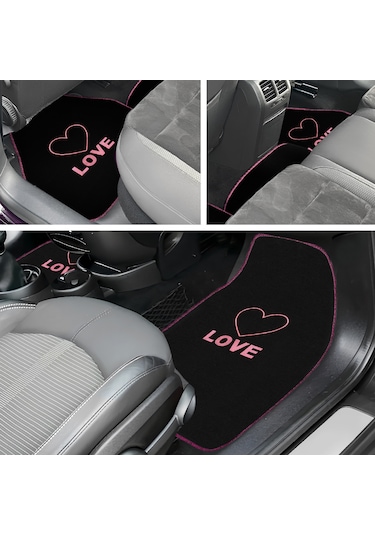 Kalp Ve Aşk Desenli Pembe Nakışlı 5'li Oto Halı Paspas Seti Love Yazı Detaylı Araba Paspas Takımı