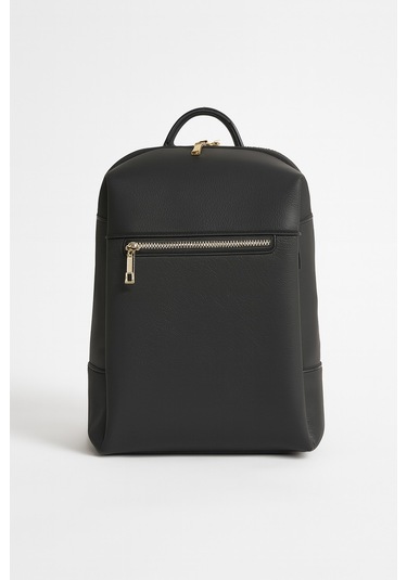 Kadın Deri Sırt Çantası Gold Detay Geniş Hacimli Altın Fermuarlı Siyah - Altın