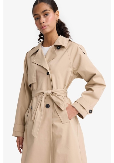 Defacto Regular Fit Pamuklu Kemerli Uzun Trençkot E8595ax25aubg501 Bej