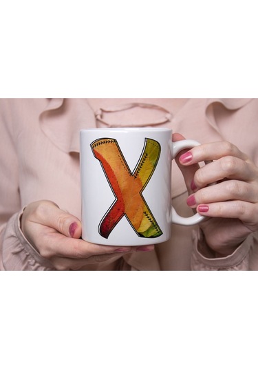 X Harf Yaprak Renkleri İle Kupa Bardak - Kişiye Özel Alfabe Harfli Bardak - Hediye Beyaz