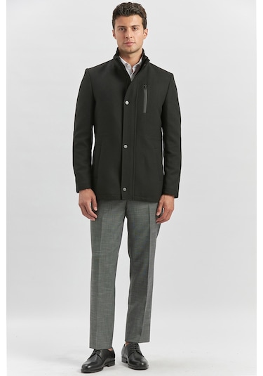 Kaşe Dik Yaka Kapitoneli Astar Slim Fit Dar Kesim Klasik Kaban 1008245150-siyah Siyah