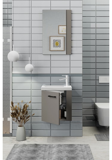 Biani Minila 45 cm Banyo Dolabı,Seramik Lavabolu, Aynalı,Lavabo Dahil,Mdf,Latte Biani Minila 45 cm Banyo Dolabı,Seramik Lavabolu, Aynalı,Lavabo Dahil,Mdf,Latte
