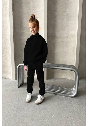 Üç İplik Kapüşonlu Yeni Sezon Şardonlu Takım Siyah