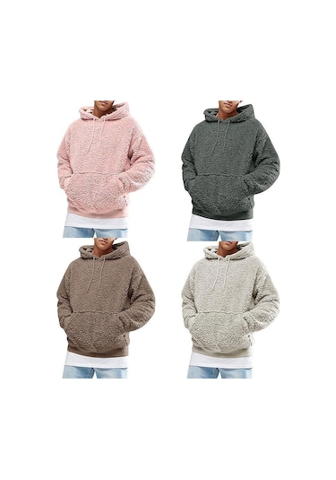 Erkekler Kalın Polar Peluş Sıcak Hoodie Kazak Kış Peluş Kürk Kapşonlu Tişörtü Siyah