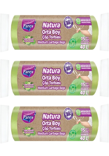 Natura Büzgülü Çöp Torbası 15'li Orta Boy 55 X 60 Cm Üçlü Paket