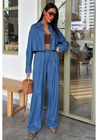 Denim Gömlek Plazzo Pantolon Takım 10163-08 Deni M