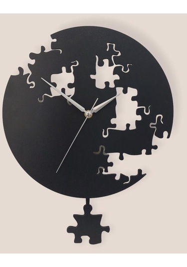 Cajuart Siyah Puzzle Desenli Modern Sallanan Sarkaçlı Duvar Saati Siyah