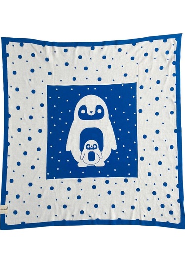 Organik Triko Bebek Örtüsü, Penguen 80x90 , Mavi