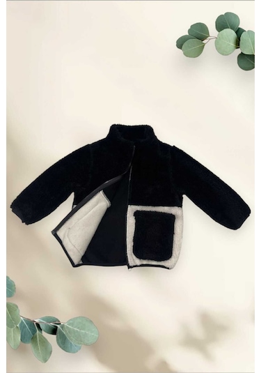Erkek Çocuk Peluş Siyah Ekru Cepli Fermuarlı Welsoft Kışlık Mont Siyah