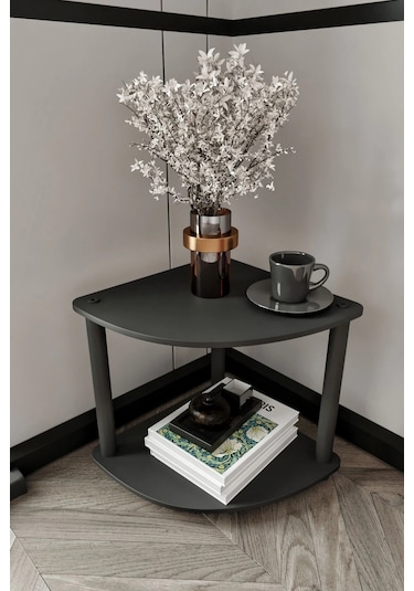 2 Katlı Dekoratif Köşe Kitaplık Siyah Siyah