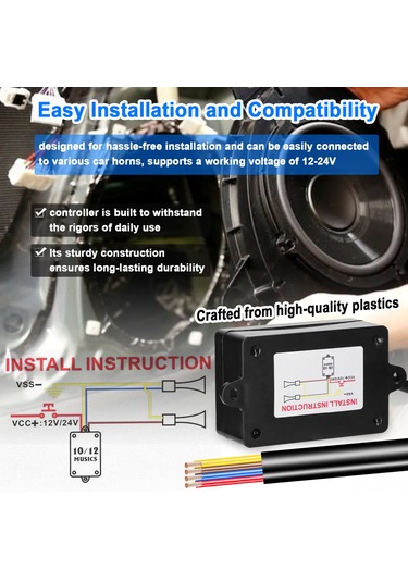 Konesam Araba Klakson Kontrol Cihazı, 10 Farklı Ses Efekti Seçeneği, Ses Seviyesi Ayarlama, Uzaktan Kumanda İle, 12-24v Uyumlu Pil Dahil