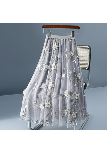 Lüks Kadın Etekler Kore Tarzı Moda Elastik Bel Aplikler Nakış Çiçek Örgü Etek Uzun Gazlı Bez Balo Etek Gri