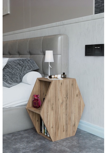 Alpa Ev Mobilya Altıgen Komodin, Modern Başucu Sehpası, Dekoratif Raflı Komodin Kitaplık Atlantik Çam