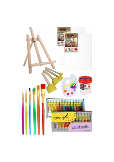 Mini Şövale 25x35 2 Li Tuval Fanart 12 Renk Akrilik Boya Başlangıç Seti Fırça Palet Ponpon Su Kabı Masaüstü Sanatsal