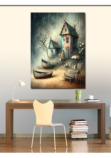 Kanvas Tablo Kıyıdaki Tekneler Ve Sahil Evleri 50cmx70cm