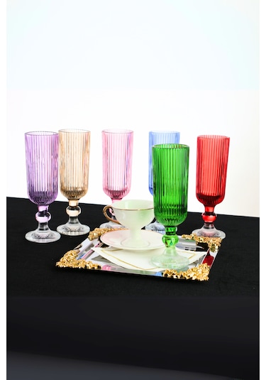 Organik Boya 6 Renk Kristal Ayaklı Kahve Yanı Su Bardağı