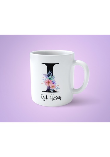 Çiçekli I Harfli İsimli Baskılı Kupa Bardak