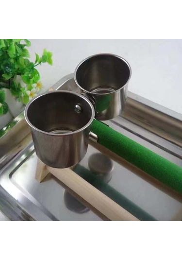 Yuntech01 Kuş İçme Yeme Aleti - Paslanmaz Çelik Kupa + Ahşap Çubuk - Tek Kupa - Kuş Yemleme Takımı