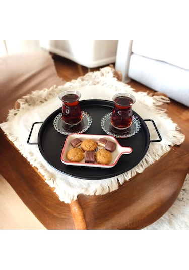 Tepsi Seti Metal Siyah Kulplu Metal Çay Tepsisi Kahve Tepsisi .