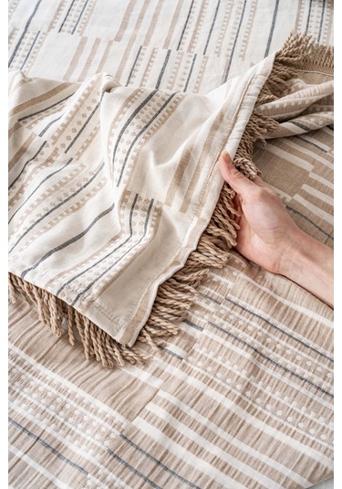 Lia Bej Çift Kişilik %100 Pamuklu Püsküllü Yatak Örtüsü Takımı 3 Parça Uyku & Çeyiz Seti