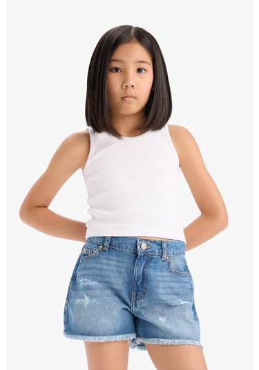 Defacto Kız Çocuk Yırtık Detaylı Pamuklu Jean Şort D7107a825smnm28 Mavi