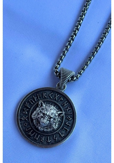 Kurt Viking El İşçiliği Paslanmaz Çelik Zincir Erkek Kolye Gümüş