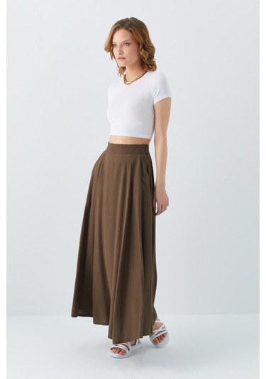 4631 Kadın Parçalı Kloş Etek Haki Haki