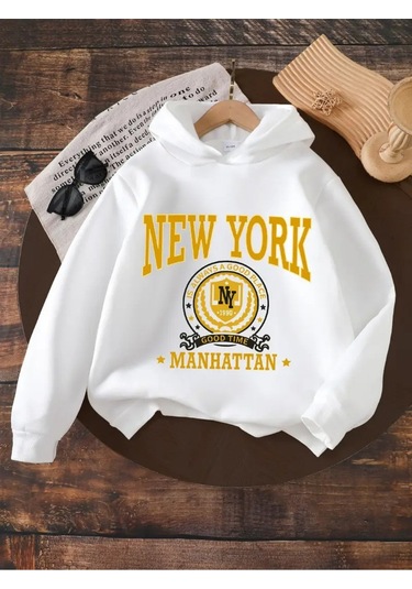 Kışlık Kapüşonlu Sweatshirt, Çocuk New York Manhattan Baskılı BEYAZ