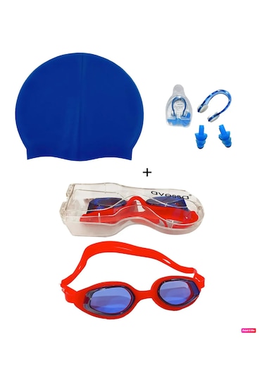 Avessa 3'lü Yetişkin Set Havuz Gözlüğü + Bone + Kulak Burun Tıkac Kırmızı - Mavi