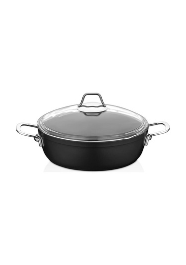 Dark Granit Basık Tencere Cam Kapaklı Yanmaz Yapışmaz Titanyum Kaplama - 28 Cm