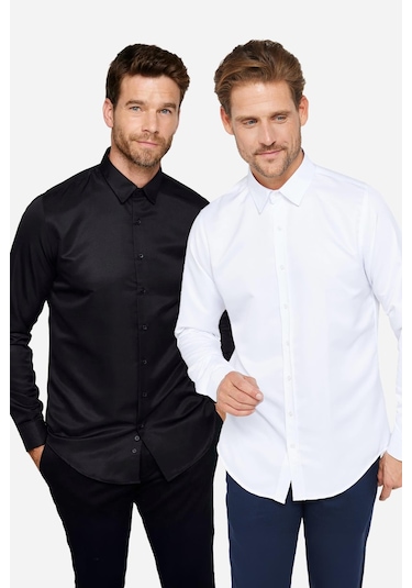 2'li Paket Siyah-beyaz Slim Fit Kolay Ütü Teri Emen Nefes Alan Doku Dört Mevsim Erkek Gömlek-33002 Siyah - Beyaz