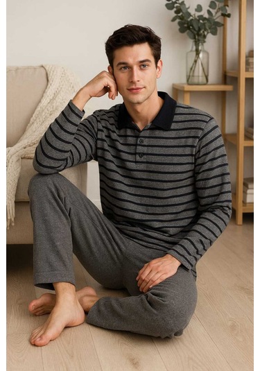 Tenra Erkek Pijama Takımı %100 Pamuk Selanik Örme Gri