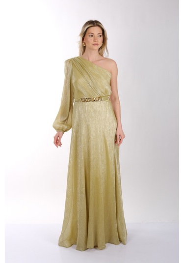 Explosion Tek Omuz Maxi Metalik Elbise - Şıklığı Ve Konforu Bir Arada Lime