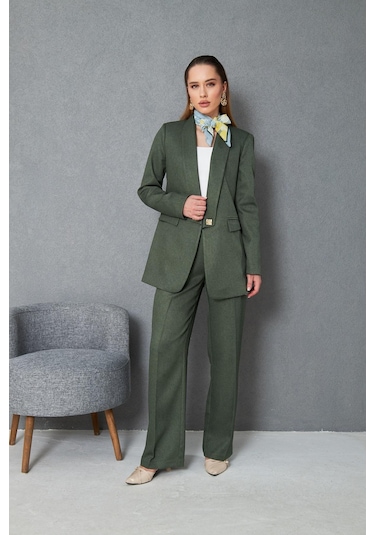 Kare Düğmeli Yünefekt Takım Haki Haki