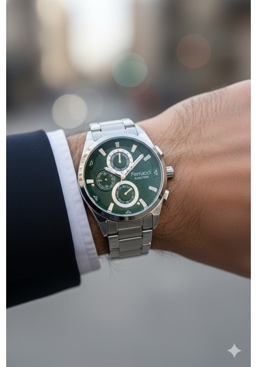 Ferrucci Erkek Kol Saati Gümüş Renk, Yeşil Kadran - Fcf03445m.05, 2 Yıl Garantili Gümüş