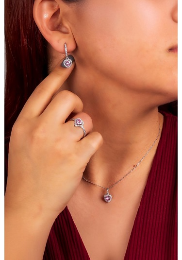 925 Ayar Gümüş Rodyumlu Pembe Taşlı Kalp Bayan Takı Seti -8227 Gümüş