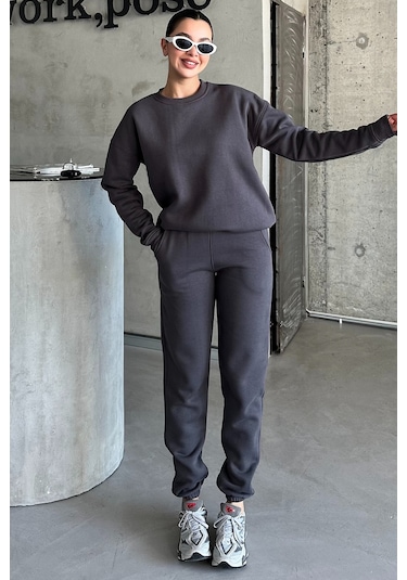 Modagen Antrasit Bisiklet Yaka Düz Oversize Alt-üst Eşofman Takımı Antrasit