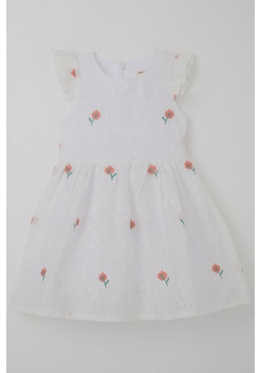 Breeze Kız Çocuk Elbise Çiçek Nakışlı Güpür Detaylı 3-7 Yaş, Ekru Ekru
