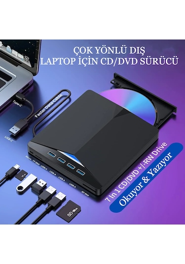 7 İn 1 Usb 3.0 Type-c Harici Dvd Rw Cd Sürücü Yazıcı Okuyucu