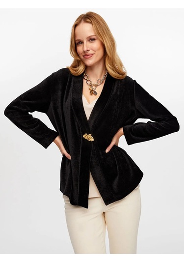 Faik Sönmez Metal Aksesuar Detaylı Şönil Kadın Hırka W26hrk004 Siyah