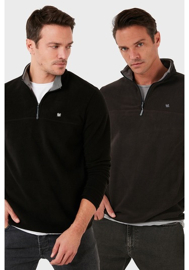 Buratti Slim Fit Anti-Pilling Tüylenme Yapmayan Bato Yaka Şardonlu 2'Li Paket Erkek Polar 5906001S2 Antrasit-Siyah