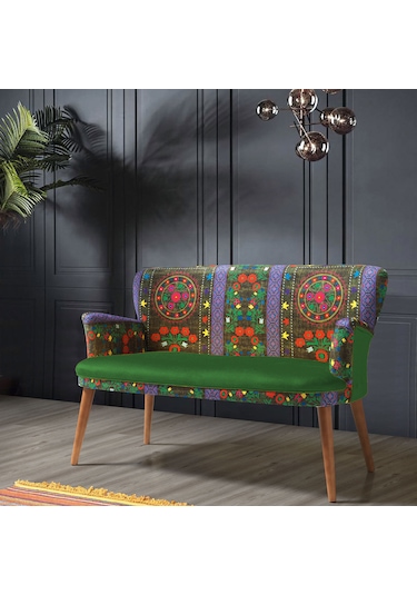 Azra Mobilya - Roma Çay Seti Koltuk Takımı - Etnik Desen Kumaş - Ahşap Demonte Ayak Etnik Desen - Yeşil