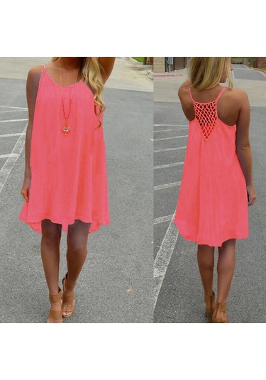 Bol Günlük Kolsuz Spagetti Askılı Mini Plaj Elbiseleri Oymalı Açık Pembe